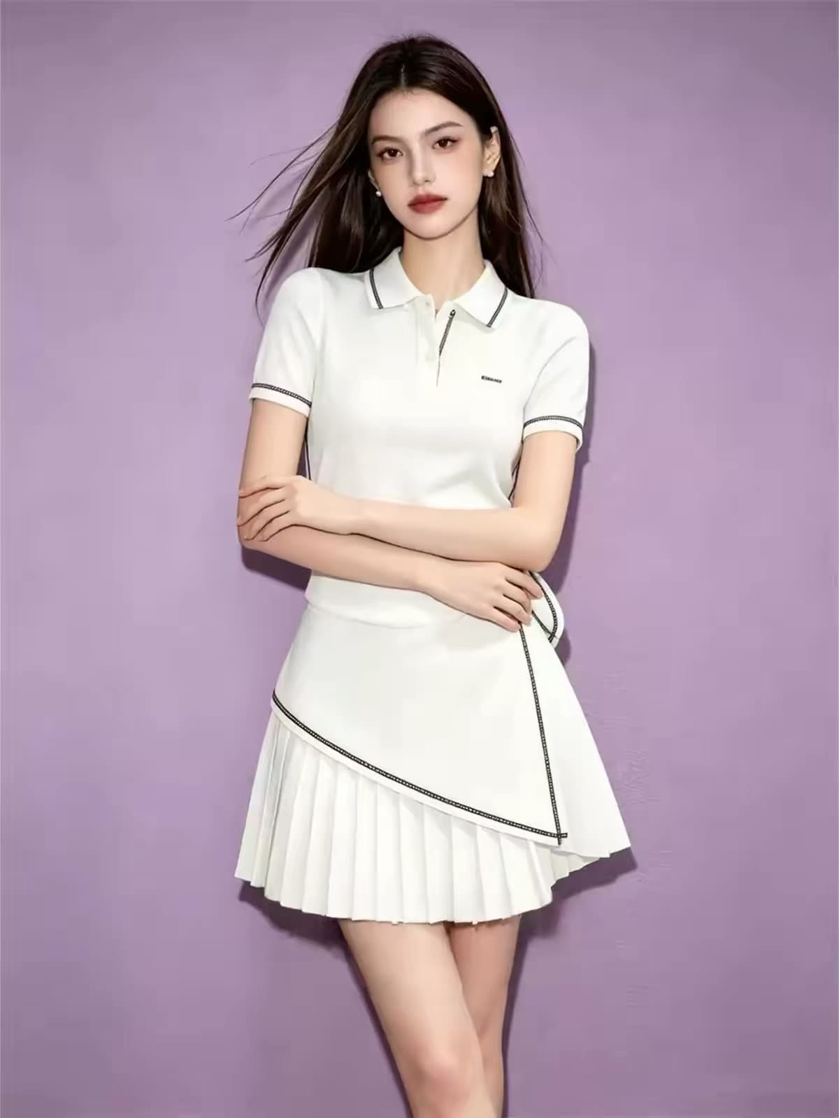 빛 요리 한 코치 착용 가져 가라. 야외 캐주얼 운동 화이트 POLO 칼라 반팔 티셔츠 플리츠 미니 스커트 세트 여성 여름 상세 이미지 4