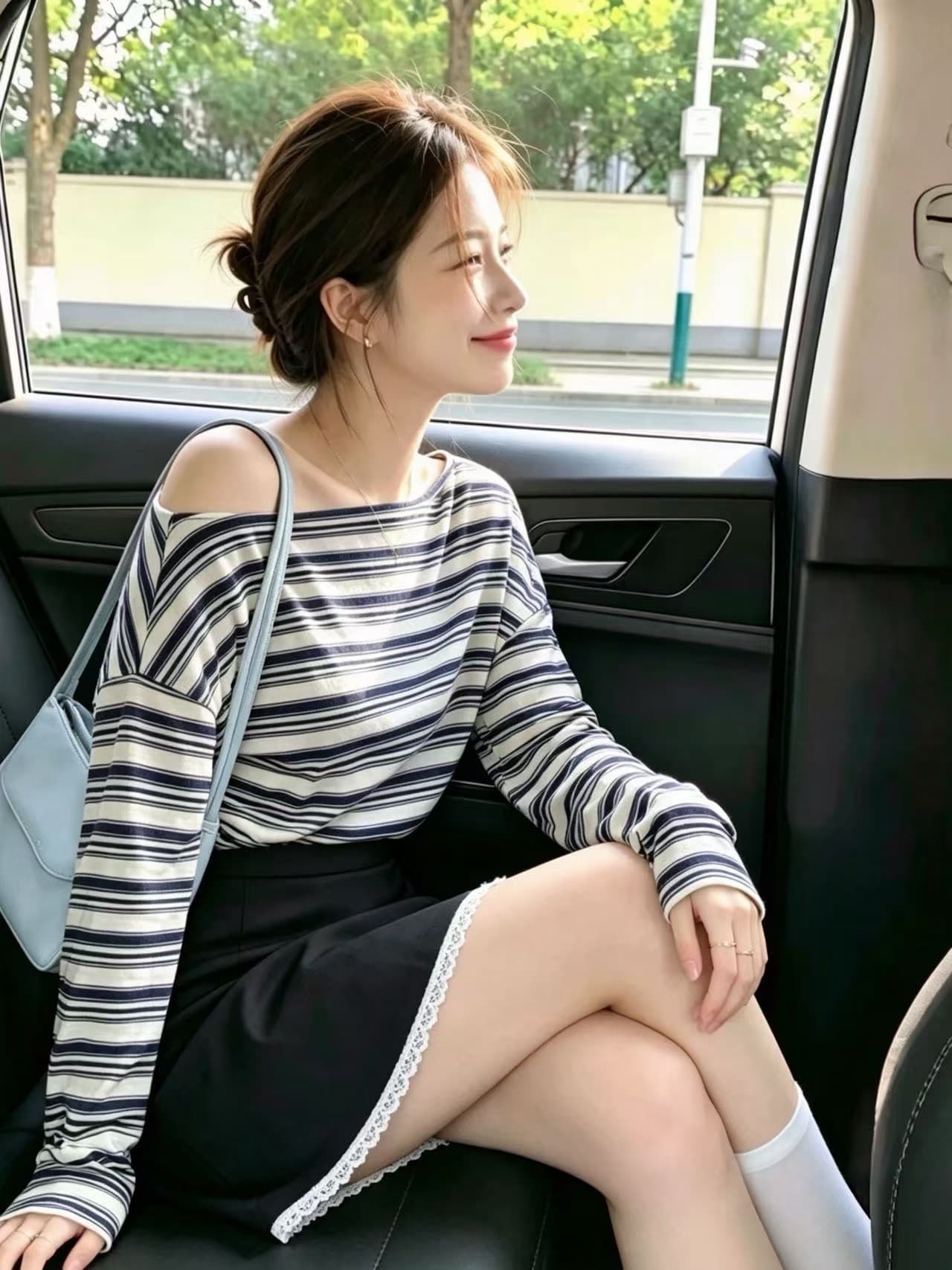 고급 센스 수 있습니다. 외출용 스트라이프 니트 기본 셔츠 여성 인사이드 가져 가라. 이른 가을 한 부서 착용 가져 가라. chic Chic 비스듬한 어깨 의류 상세 이미지 1