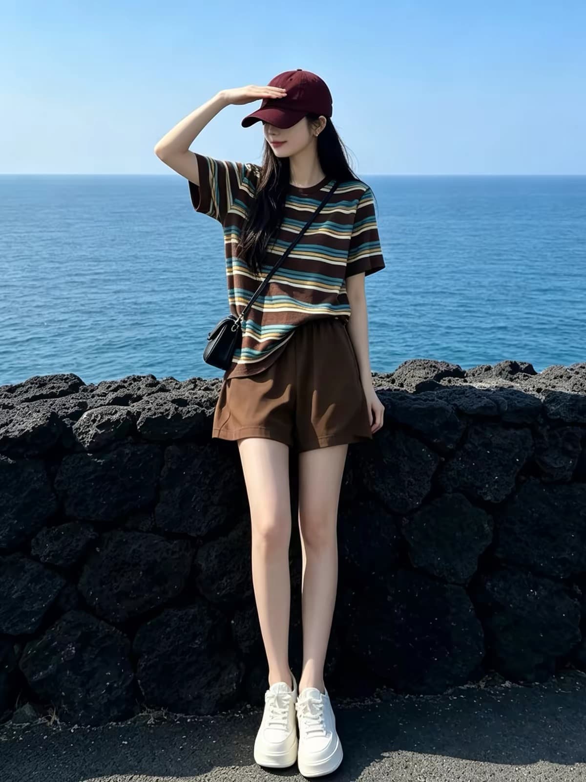 항구 바람 느긋한 바람 캐주얼 스포츠 슈트 여성 여름 레트로 스트라이프 반팔 티셔츠 넓은 다리가 짧다. 바지 얇은 스타일 투피스 세트 이미지 2