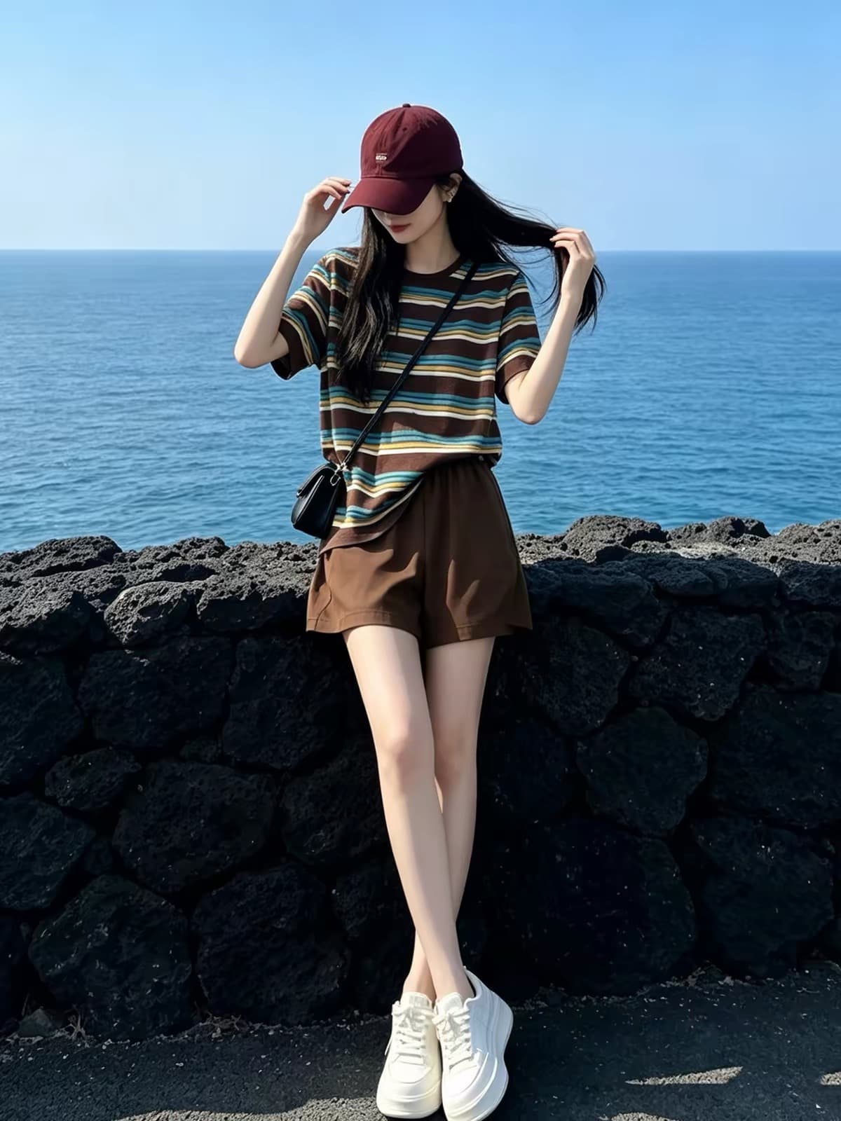 항구 바람 느긋한 바람 캐주얼 스포츠 슈트 여성 여름 레트로 스트라이프 반팔 티셔츠 넓은 다리가 짧다. 바지 얇은 스타일 투피스 세트 이미지 3