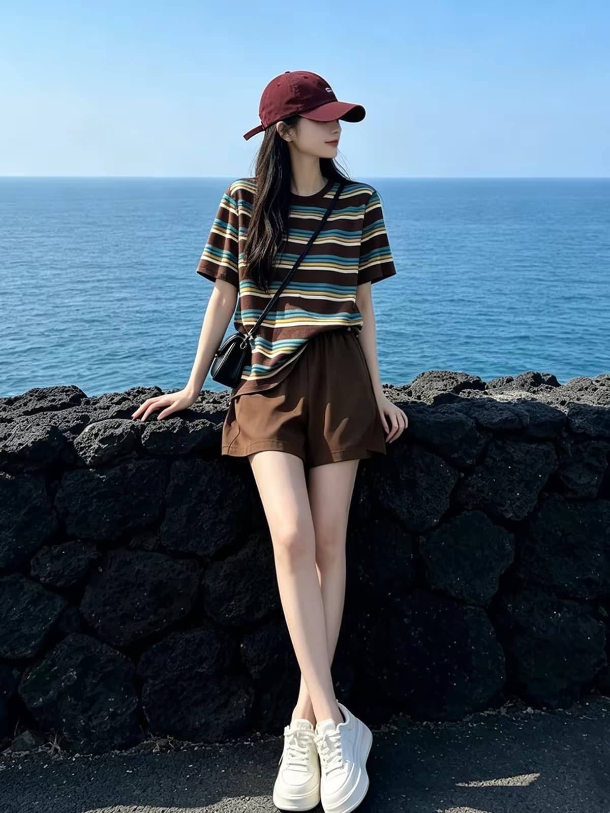 항구 바람 느긋한 바람 캐주얼 스포츠 슈트 여성 여름 레트로 스트라이프 반팔 티셔츠 넓은 다리가 짧다. 바지 얇은 스타일 투피스 세트 상세 이미지 1