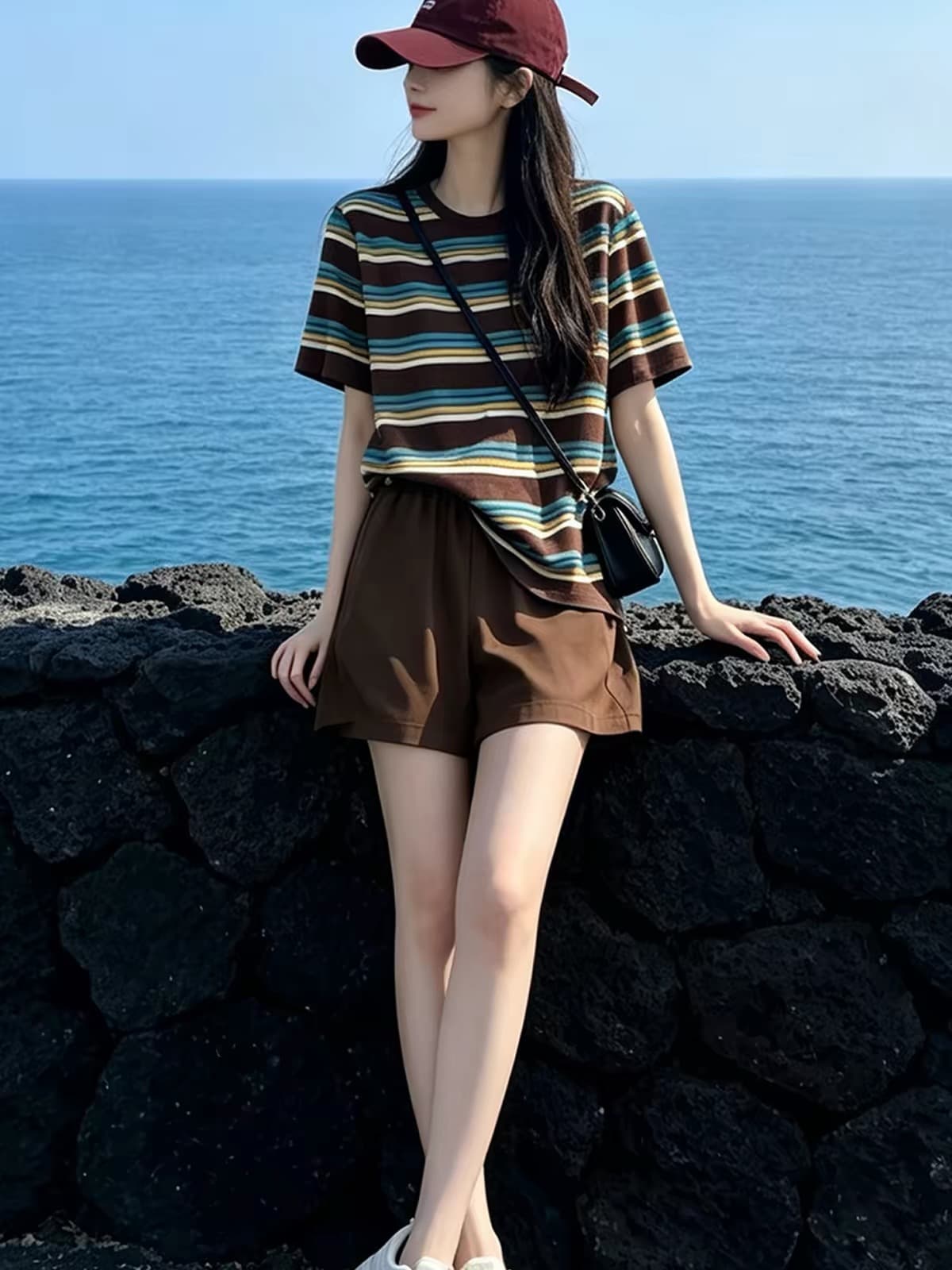 항구 바람 느긋한 바람 캐주얼 스포츠 슈트 여성 여름 레트로 스트라이프 반팔 티셔츠 넓은 다리가 짧다. 바지 얇은 스타일 투피스 세트 상세 이미지 2