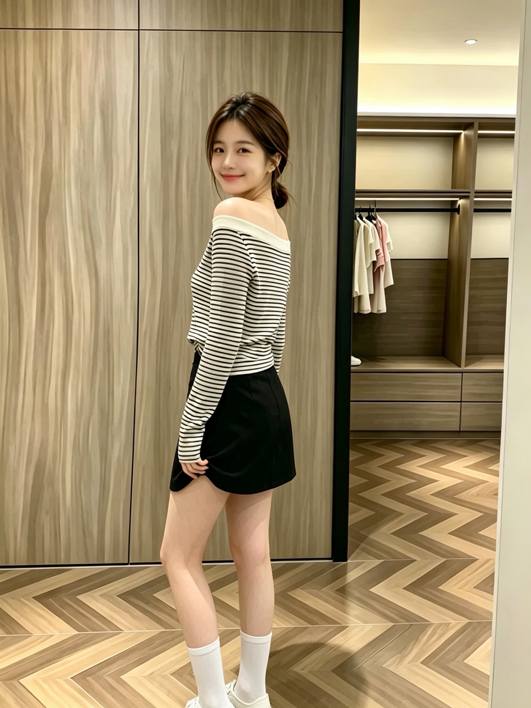 한 부서 이른 가을 착용 가져 가라. 흑백 줄무늬 오프숄더 맨위 경기 검정색 미니 스커트 여성 긴 소매 티셔츠 디자인 센스 클래식 이미지 4