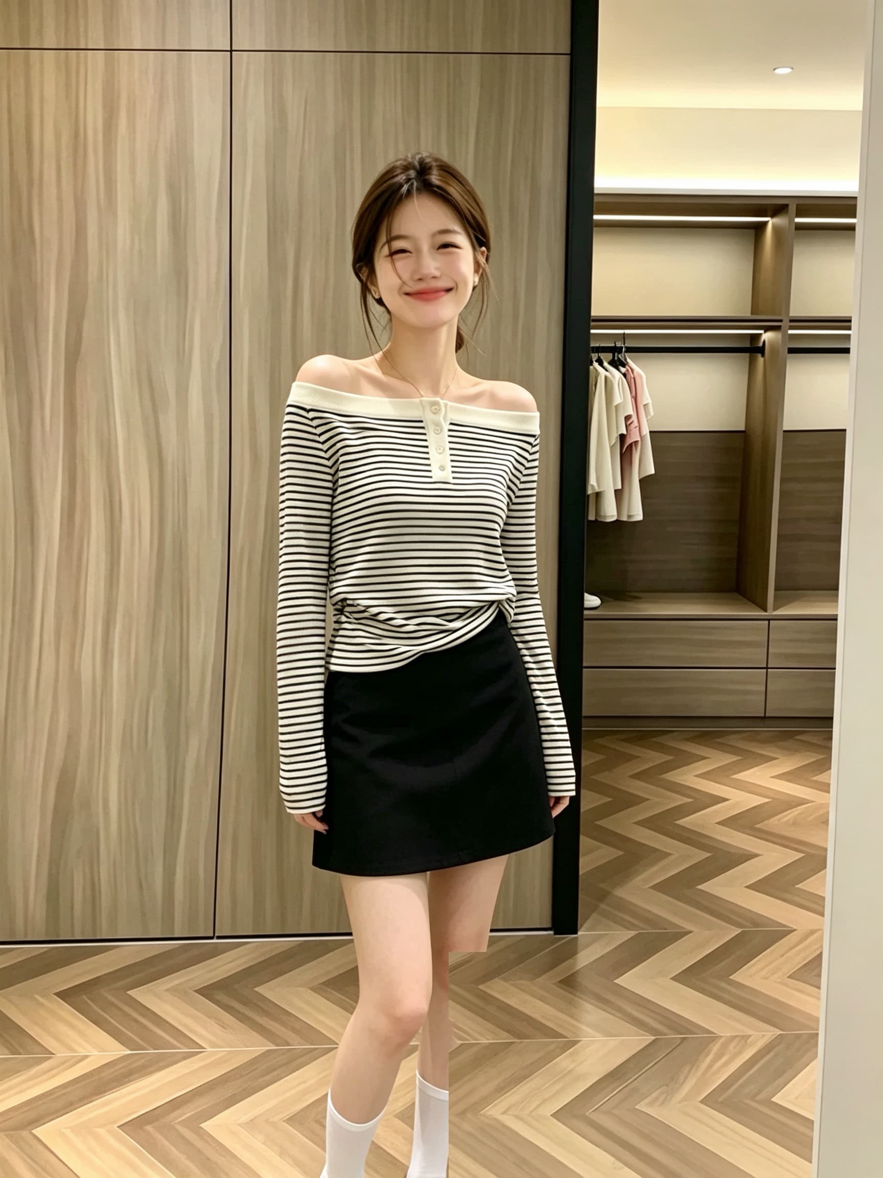 한 부서 이른 가을 착용 가져 가라. 흑백 줄무늬 오프숄더 맨위 경기 검정색 미니 스커트 여성 긴 소매 티셔츠 디자인 센스 클래식 상세 이미지 1