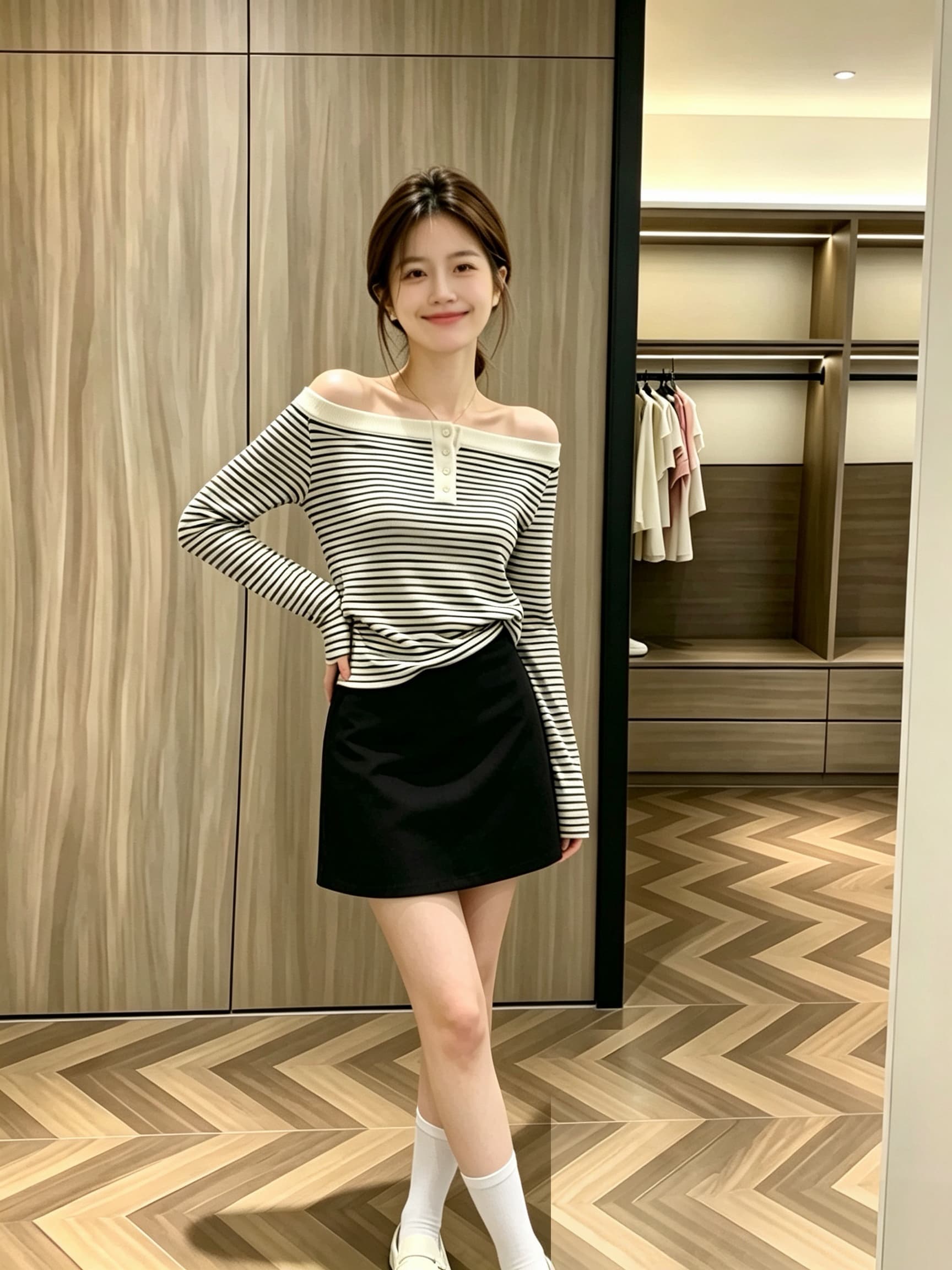 한 부서 이른 가을 착용 가져 가라. 흑백 줄무늬 오프숄더 맨위 경기 검정색 미니 스커트 여성 긴 소매 티셔츠 디자인 센스 클래식 상세 이미지 3