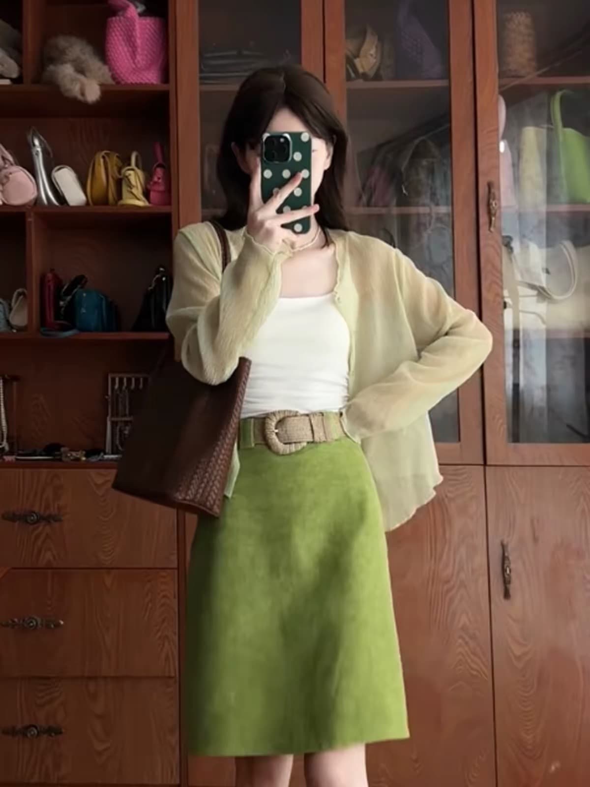 품격 전체 집합 ootd 착용 가져 가라. 여행 자외선 차단 오픈 가디건 인사이드 가져 가라. 캐미솔 한국 스타일 반신 치마 세트 여성 이미지 3