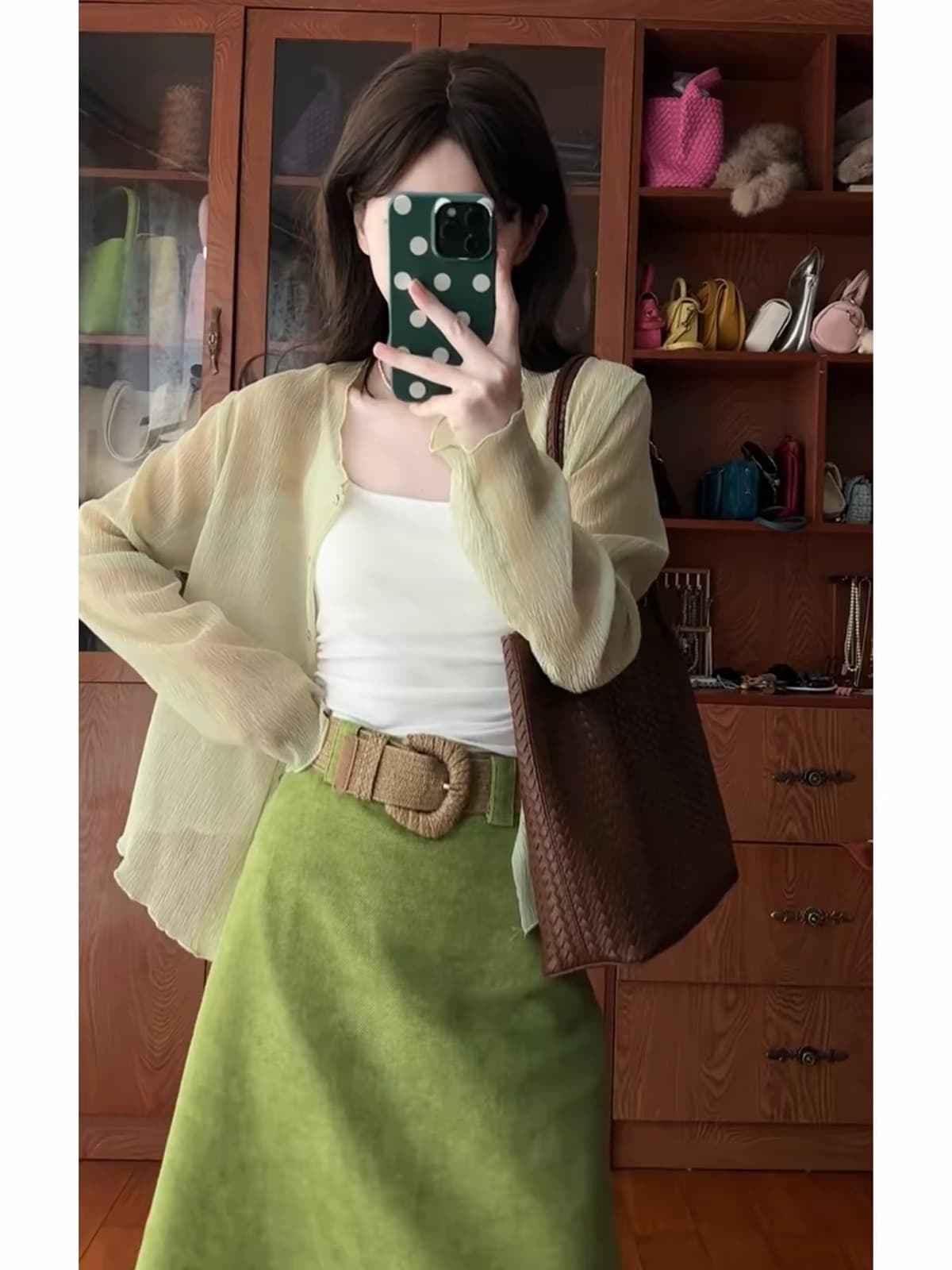품격 전체 집합 ootd 착용 가져 가라. 여행 자외선 차단 오픈 가디건 인사이드 가져 가라. 캐미솔 한국 스타일 반신 치마 세트 여성 상세 이미지 1