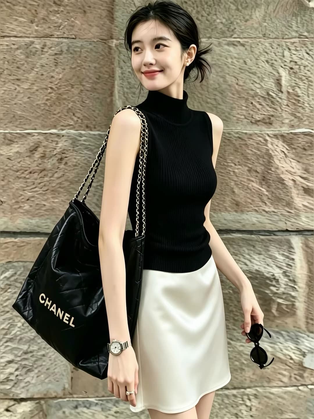 한국 스타일 민소매 반하이넥 검정색 니트 조끼 새틴 반신 치마 세트 여성 이른 가을 인사이드 가져 가라. 출퇴근 투피스 세트 상세 이미지 4