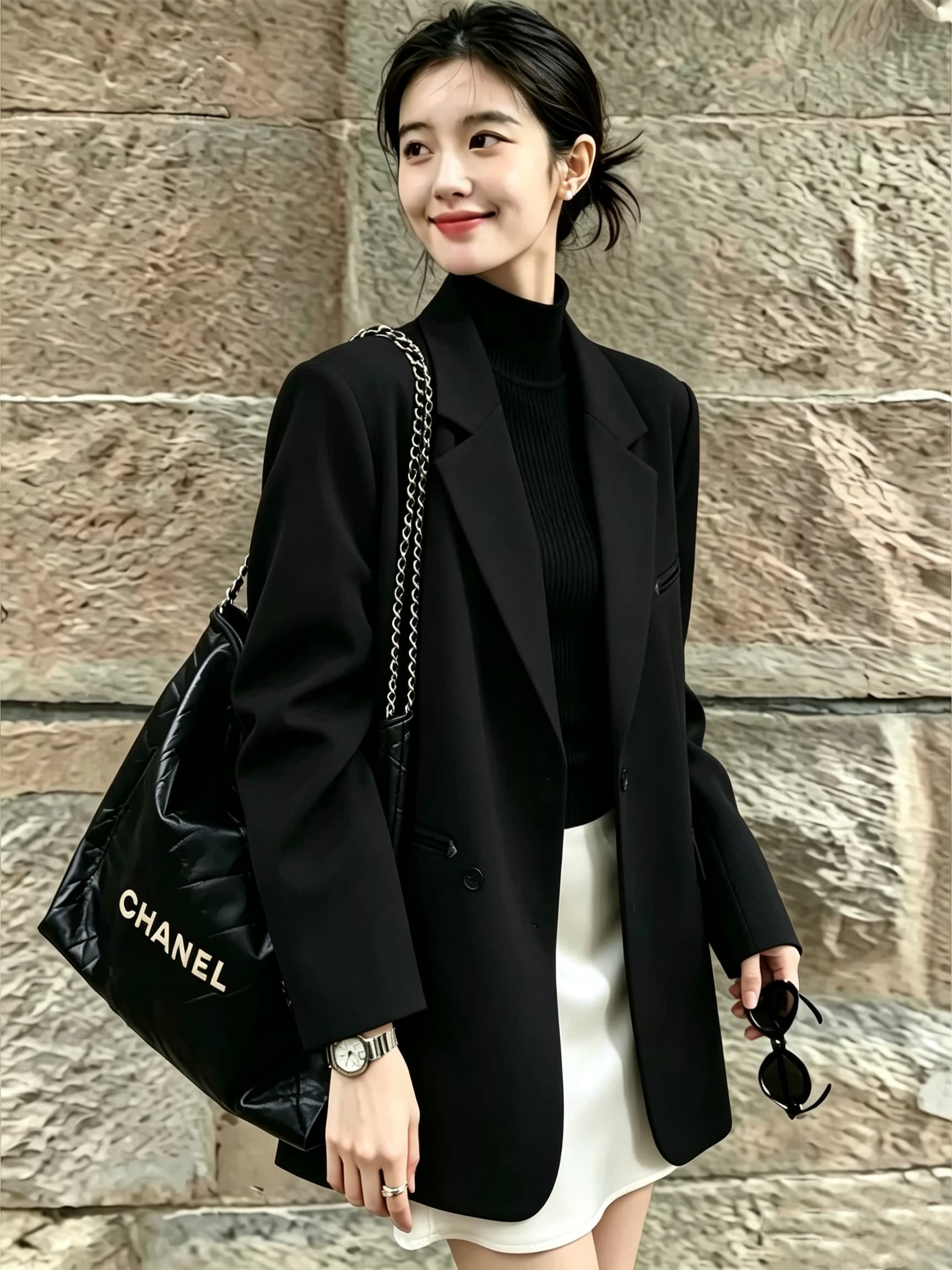 한국 스타일 민소매 반하이넥 검정색 니트 조끼 새틴 반신 치마 세트 여성 이른 가을 인사이드 가져 가라. 출퇴근 투피스 세트 상세 이미지 6