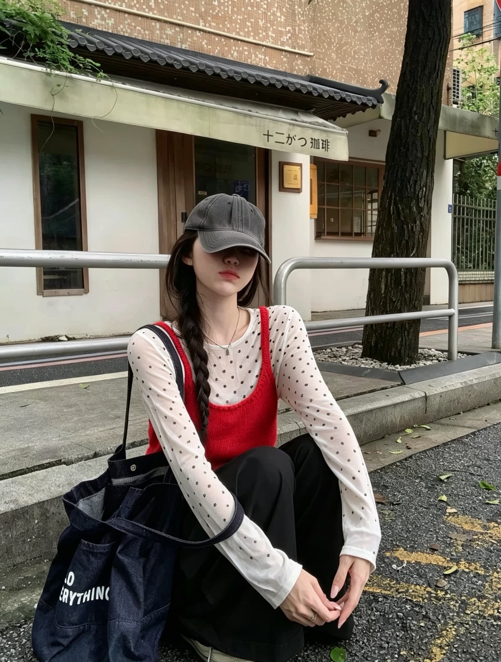 느긋한 바람 얇은 스타일 긴팔 티셔츠 여성 스택 착용 빨간색 슬립 가을 다용도 캐주얼 바지 3종 세트 이미지 3