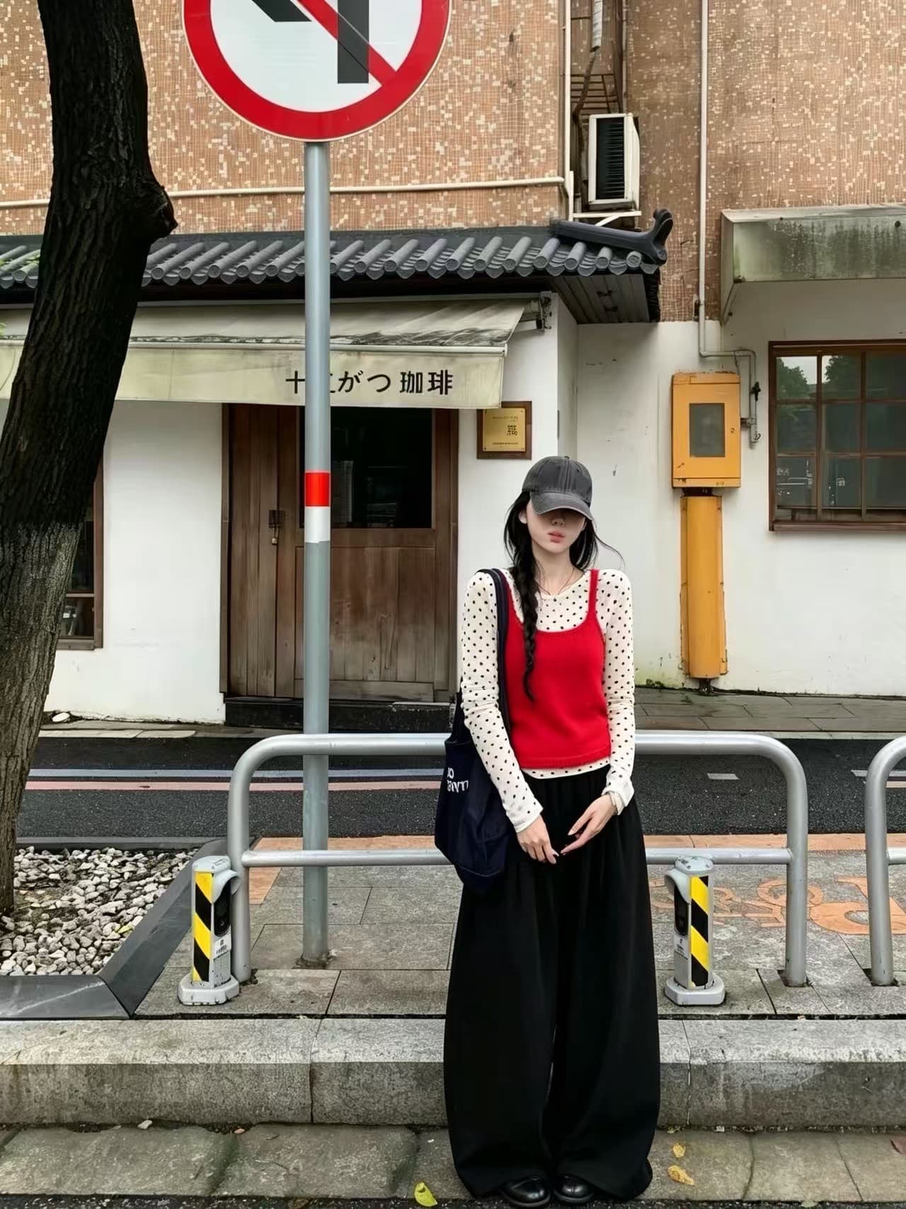 느긋한 바람 얇은 스타일 긴팔 티셔츠 여성 스택 착용 빨간색 슬립 가을 다용도 캐주얼 바지 3종 세트