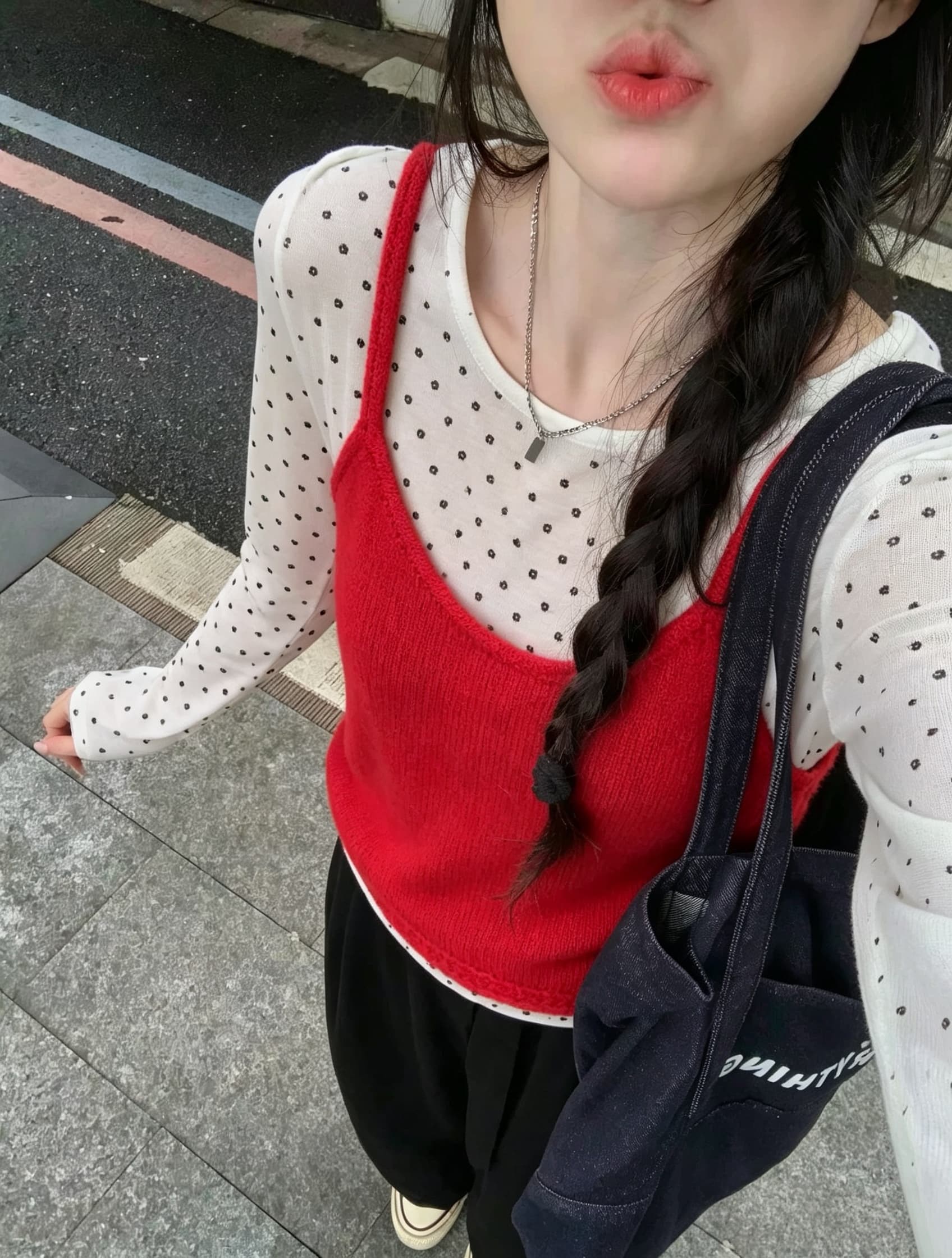 느긋한 바람 얇은 스타일 긴팔 티셔츠 여성 스택 착용 빨간색 슬립 가을 다용도 캐주얼 바지 3종 세트 상세 이미지 5