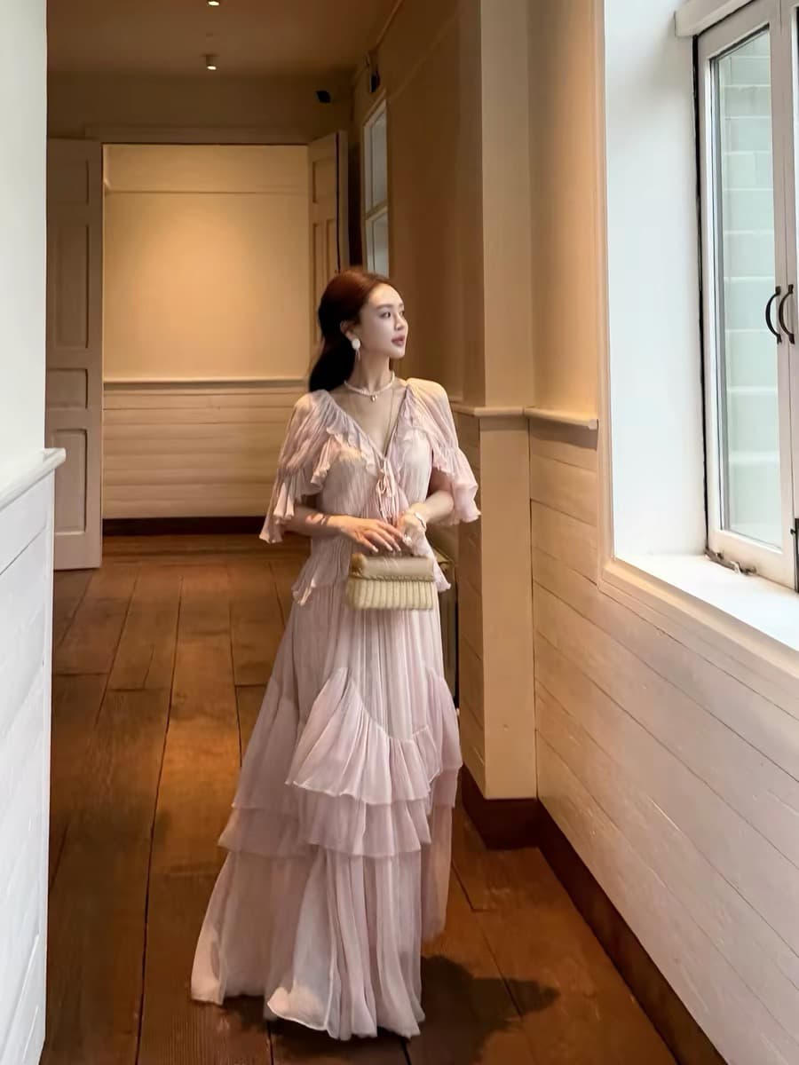 펭 급여 잉 봄날 볶다 그림자 프랑스식 낭만주의 바람 무거운 작업 프릴 패치워크 레이스 망사 투피스 드레스 이미지 5