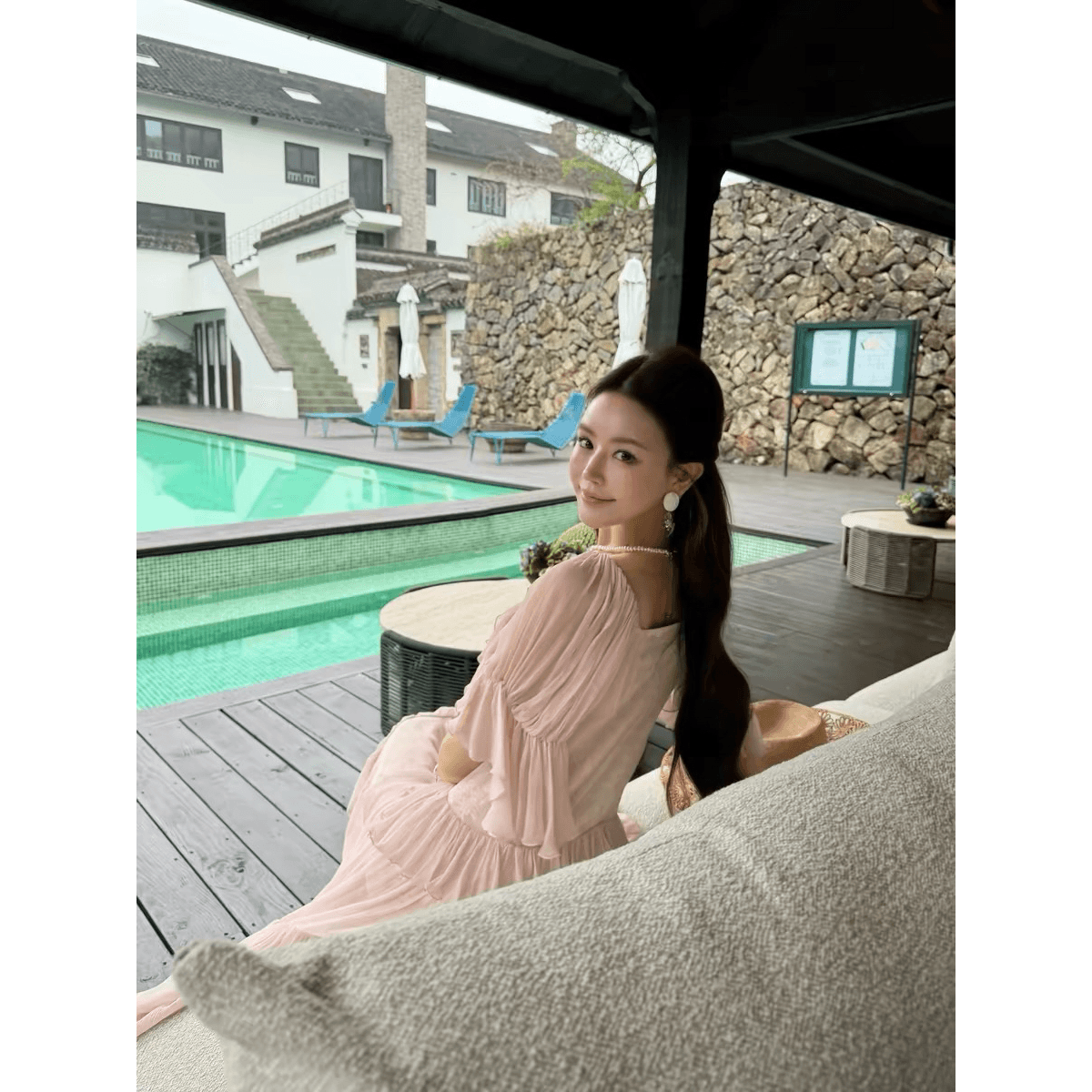 펭 급여 잉 봄날 볶다 그림자 프랑스식 낭만주의 바람 무거운 작업 프릴 패치워크 레이스 망사 투피스 드레스 이미지 6