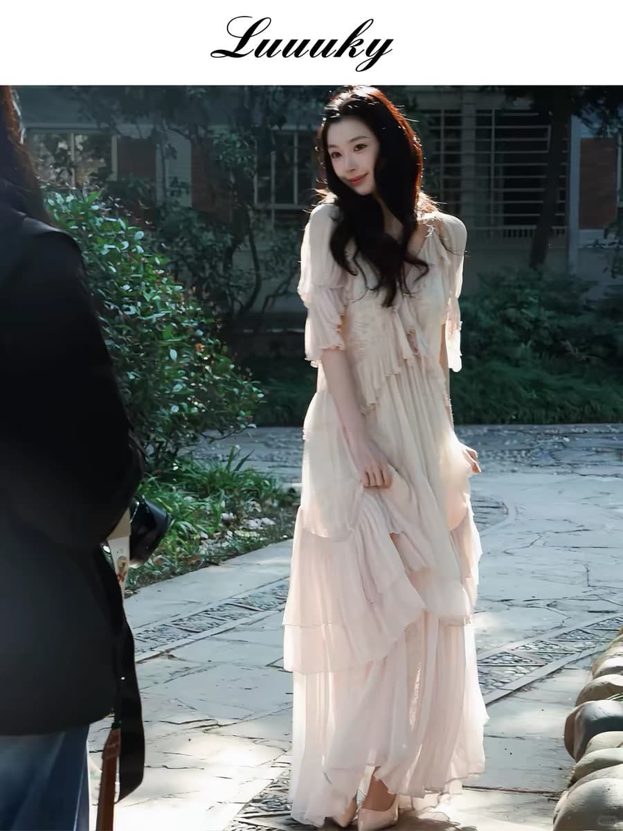 쉬운 꿈 링 같은 단락 프랑스식 발레 바람 드레스 데이트 여행 분위기 센스 롱 스커트 이미지 2
