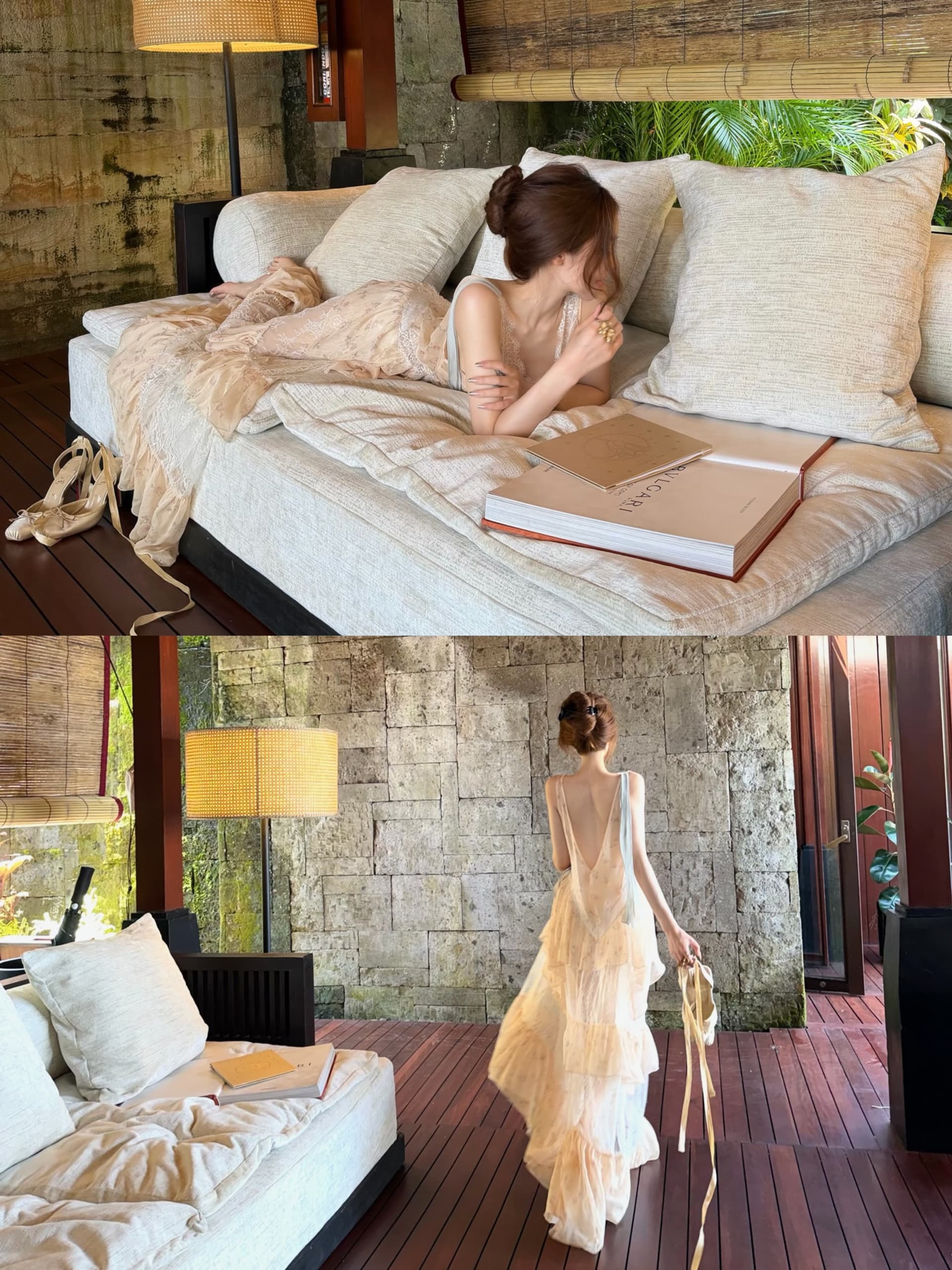 woppei 브라질 브랜드 작은 대중 꽃무늬 시리즈 부드러운 베이지 색 드레스 블랙 하단 분말 장미 슬립 세트 상세 이미지 3