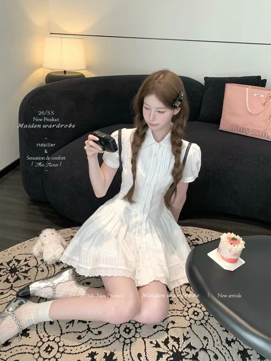 theture 꼬집기 허리 샤오 바이 치마 허리 수축 슬림해 보이는 셔츠 여성 드레스 여름 프랑스식 첫사랑 거품 소매 생일 치마 이미지 3