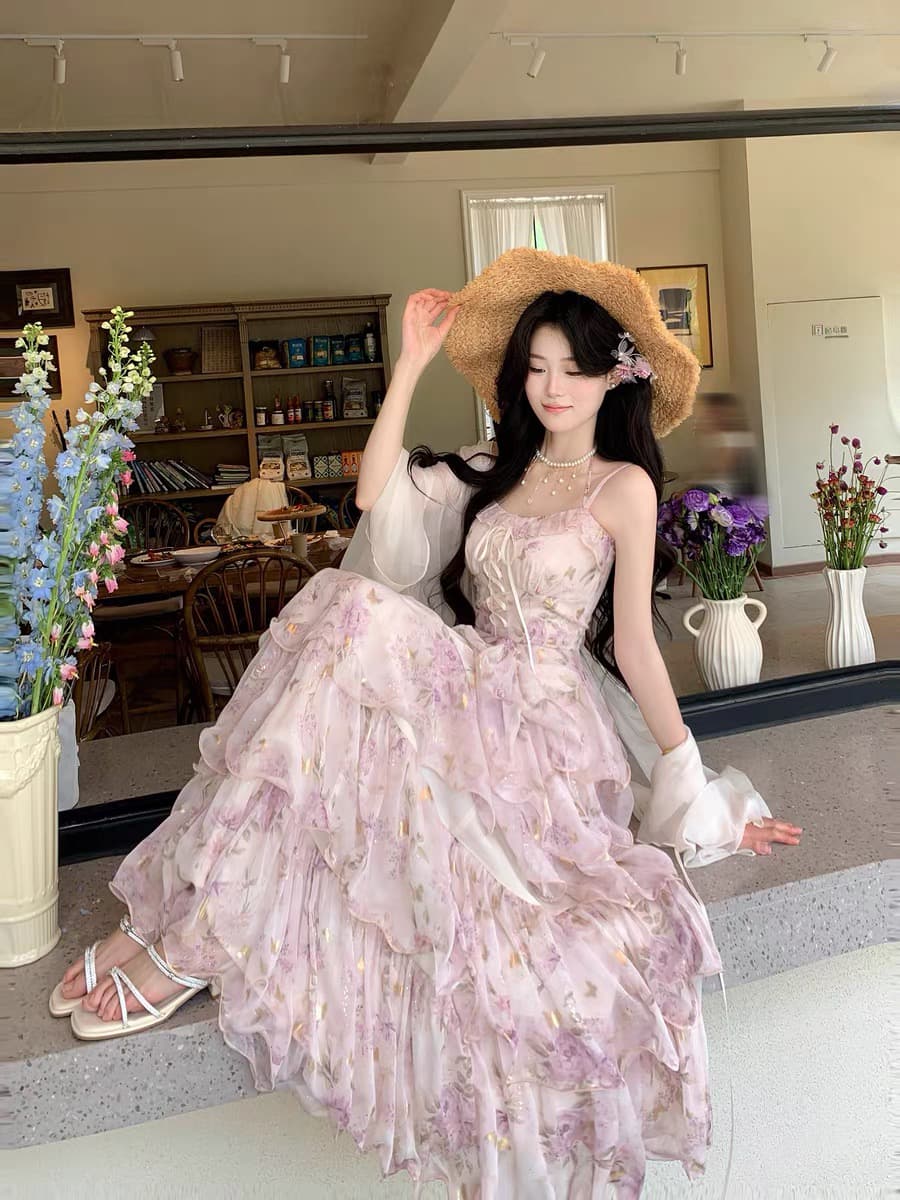 blovelan 수달 얕은 꿈 여름 새로운 프랑스식 꽃무늬 슬립 드레스 프린트 스트랩 허리 수축 다중 레이어 롱 스커트 상세 이미지 1