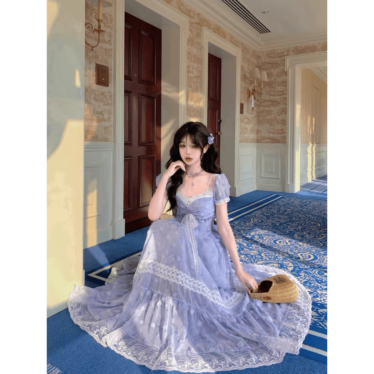 bull0313 하나 배 신제품 제한된 시간 95 접기 보라색 꽃 요정 휴가 치마 프랑스식 큰 진자 드레스 이미지 5