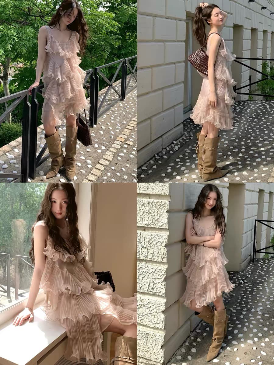 soolrok 소나무 아니요 라임 하나 로마의 피 네타 분말 가볍게 하다 럭셔리 디자인 센스 무거운 작업 플리츠 불규칙 드레스 이미지 2