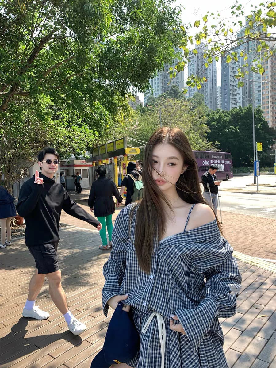 밤나무 코코아 bankelili 필리핀 린 휴일 느긋한 한 부서 격자 무늬 셔츠 슬립 반바지 세트 상세 이미지 3
