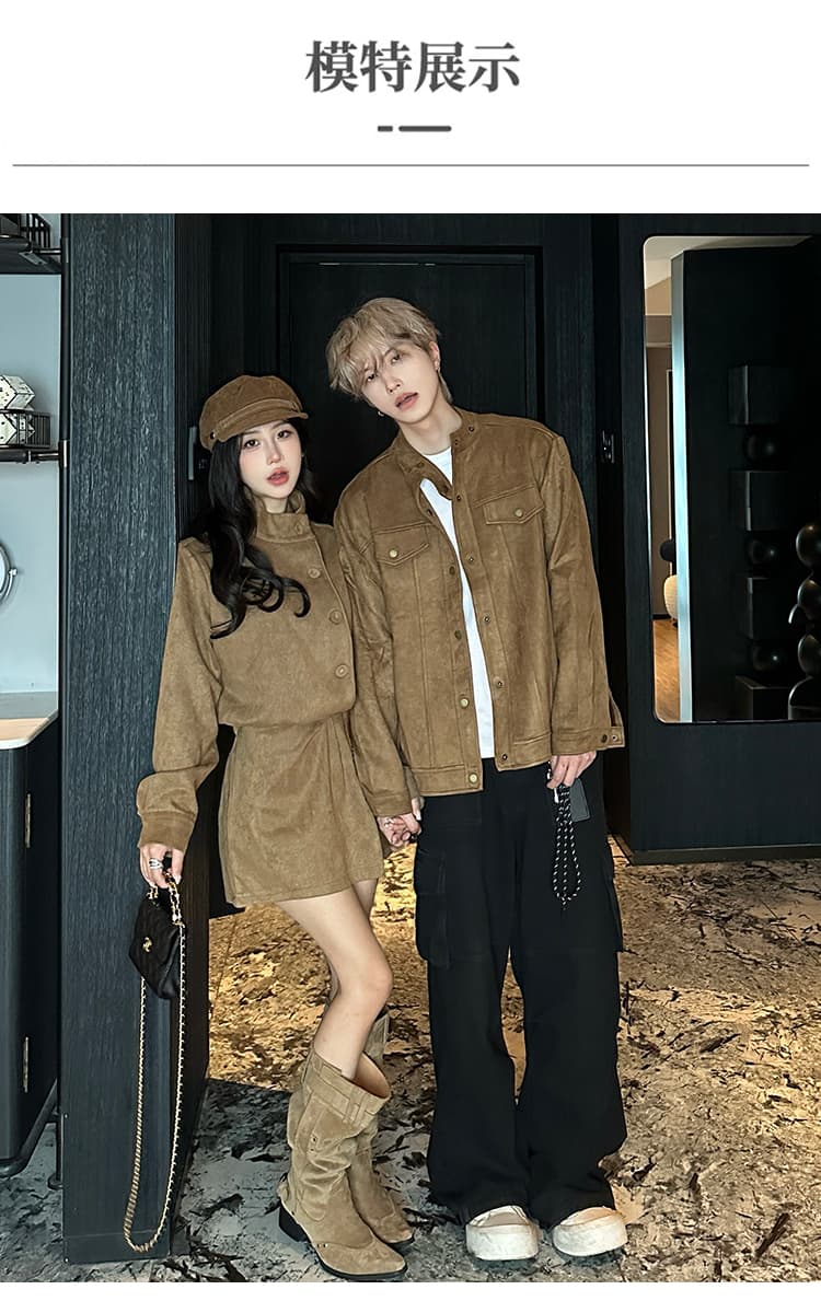 봄 새로운 한국 스타일 복잡한 고대 칼라 다용도 세련된 디자인 센스 스웨이드 원단 커플룩 상세 이미지 8