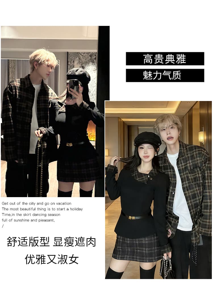봄 새로운 프랑스식 품격 긴팔 하이웨이스트 슬림해 보이는 체크무늬 패치워크 미니 스커트 세트 커플룩 상세 이미지 2
