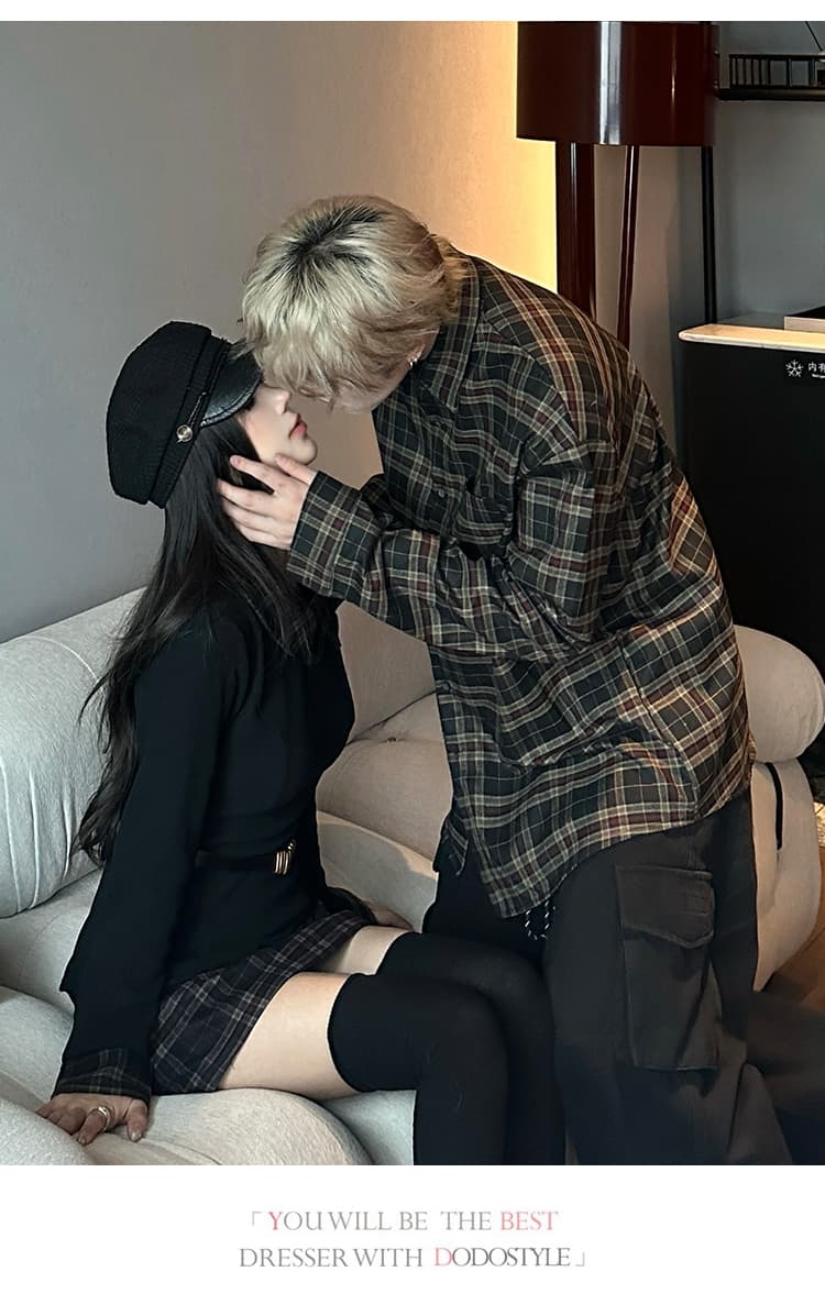 봄 새로운 프랑스식 품격 긴팔 하이웨이스트 슬림해 보이는 체크무늬 패치워크 미니 스커트 세트 커플룩 상세 이미지 10