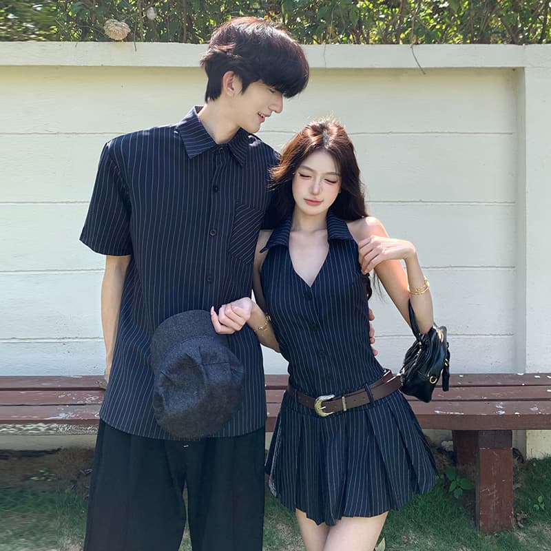 2026 커플룩 여름 고급 센스 민소매 행침 목 플리츠 드레스 남자 셔츠 이미지 5