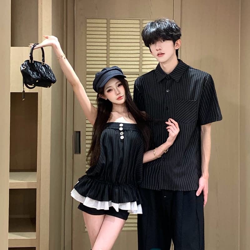 클래식 핀 스트라이프 다중 레이어 퍼프 꽃밭 치마 배색 패치워크 밑단 튜브탑 맨위 반바지 커플 셔츠 이미지 2