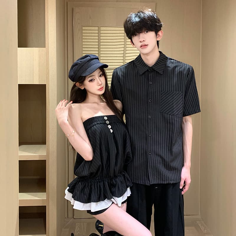 클래식 핀 스트라이프 다중 레이어 퍼프 꽃밭 치마 배색 패치워크 밑단 튜브탑 맨위 반바지 커플 셔츠 이미지 5