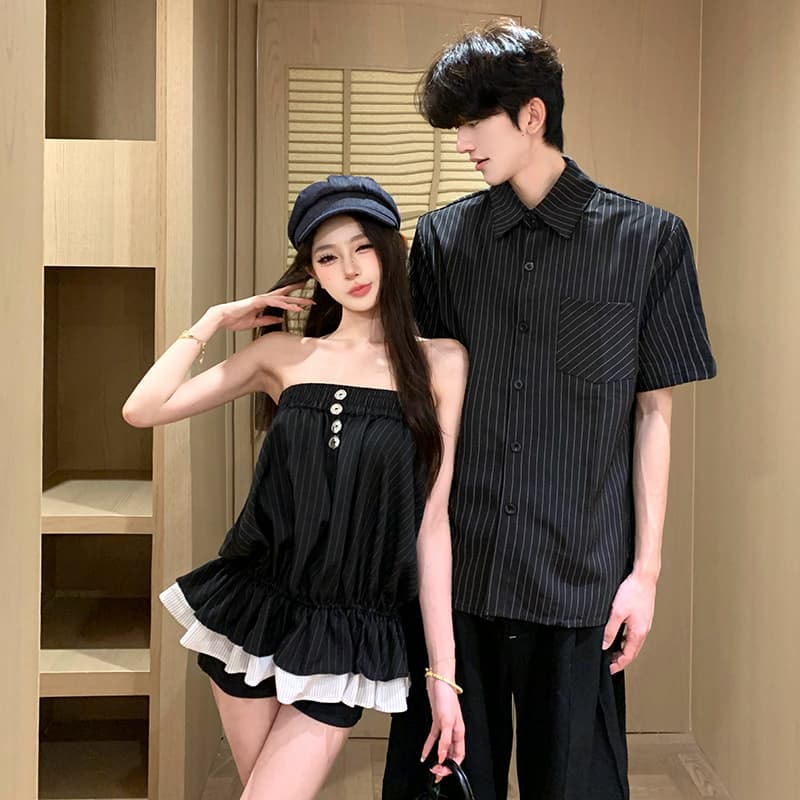 클래식 핀 스트라이프 다중 레이어 퍼프 꽃밭 치마 배색 패치워크 밑단 튜브탑 맨위 반바지 커플 셔츠