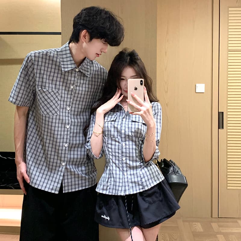 한 부서 레트로 체크무늬 커플 셔츠 세트 몸매 가꾸기 꼬집기 허리 쇼트 스타일 중간 소매 맨위 반신 스커트 투피스 세트 이미지 2