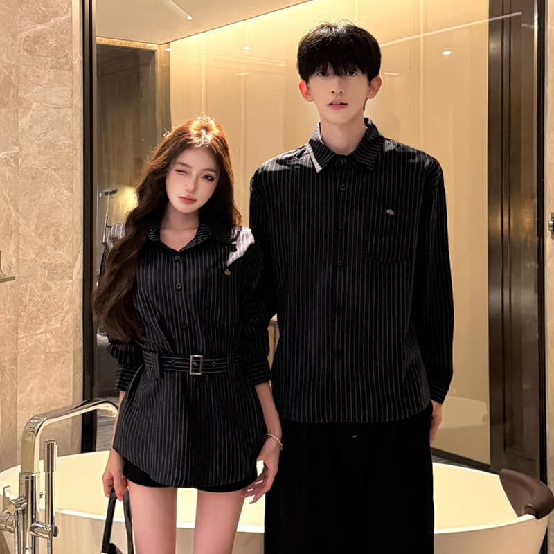 한 부서 디자인 센스 작은 대중 맨위 조기 가을 새로운 슬림해 보이는 긴팔 스트라이프 커플 셔츠 이미지 4