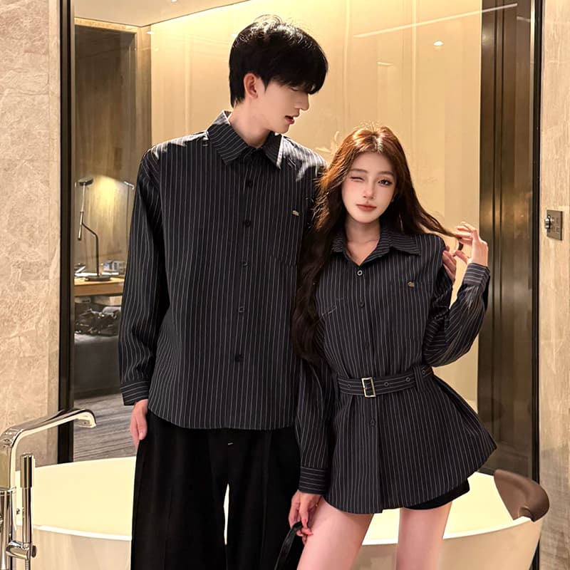 한 부서 디자인 센스 작은 대중 맨위 조기 가을 새로운 슬림해 보이는 긴팔 스트라이프 커플 셔츠