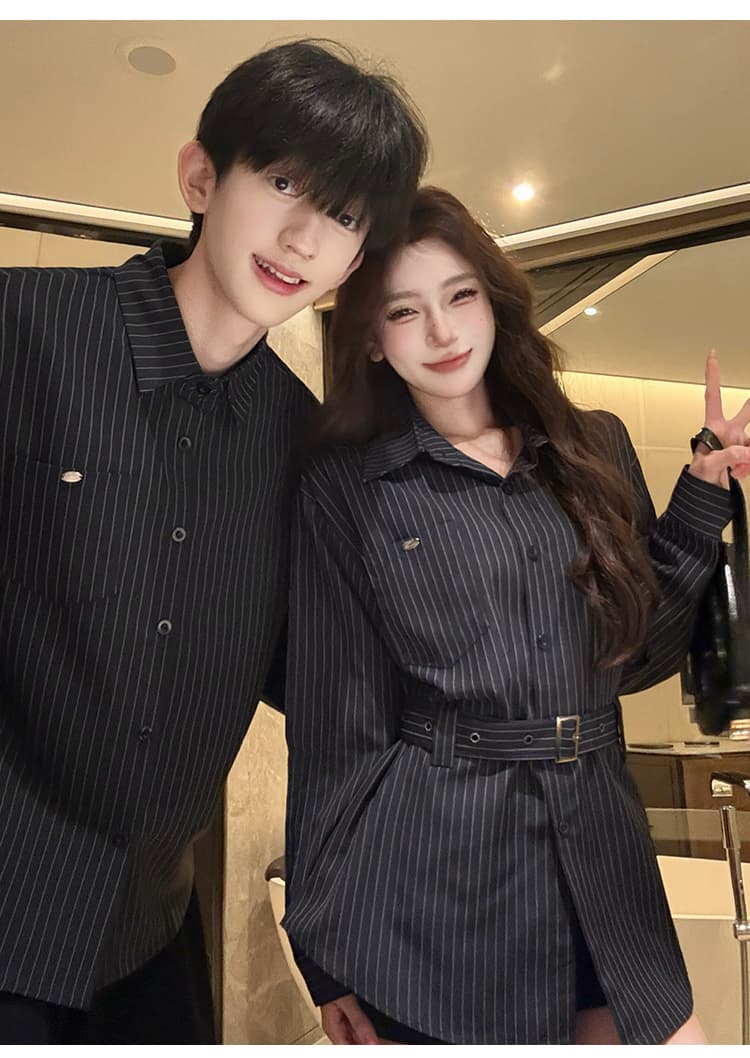 한 부서 디자인 센스 작은 대중 맨위 조기 가을 새로운 슬림해 보이는 긴팔 스트라이프 커플 셔츠 상세 이미지 10
