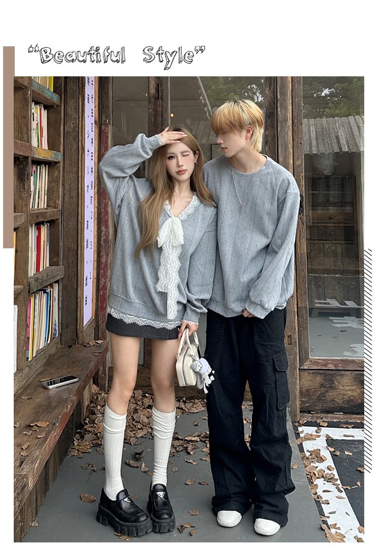 달콤함 레이스 조각 부드러운 부서 루즈핏 맨위 한 부서 느긋한 바람 캐주얼 커플 후드티 상세 이미지 2