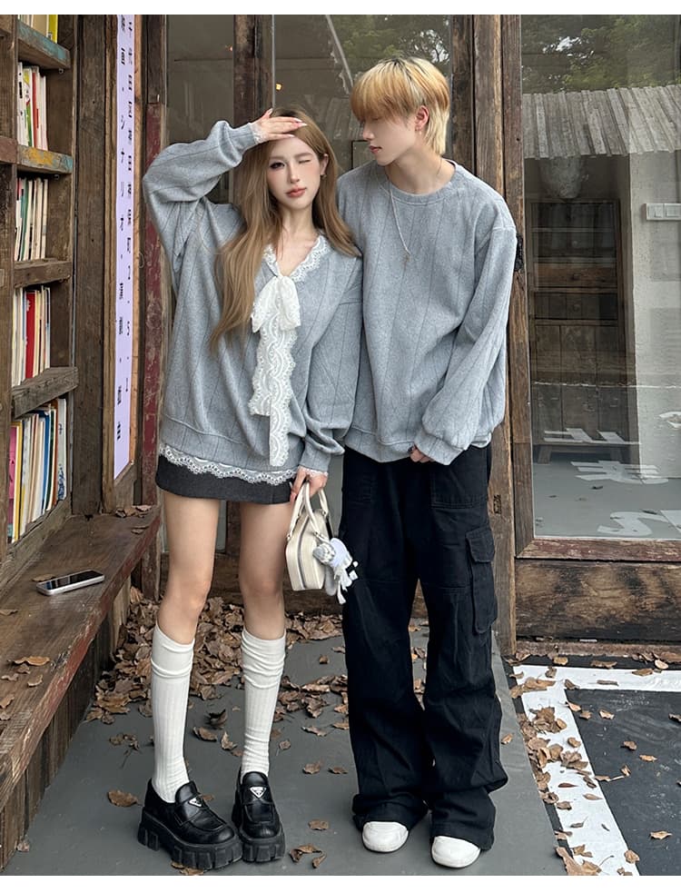 달콤함 레이스 조각 부드러운 부서 루즈핏 맨위 한 부서 느긋한 바람 캐주얼 커플 후드티 상세 이미지 8