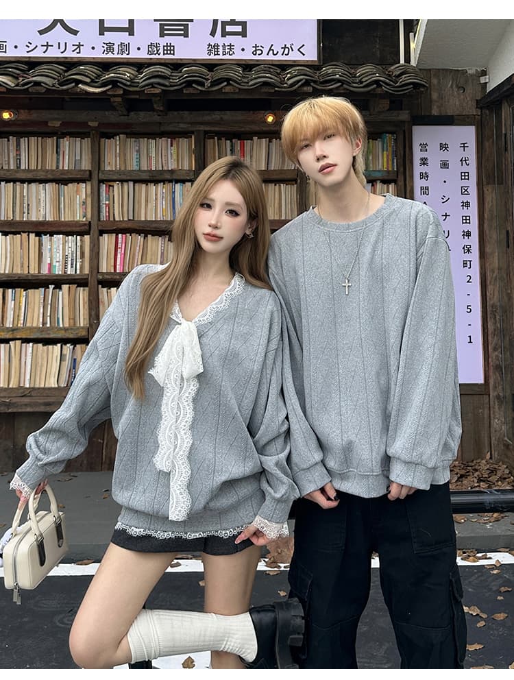 달콤함 레이스 조각 부드러운 부서 루즈핏 맨위 한 부서 느긋한 바람 캐주얼 커플 후드티 상세 이미지 10