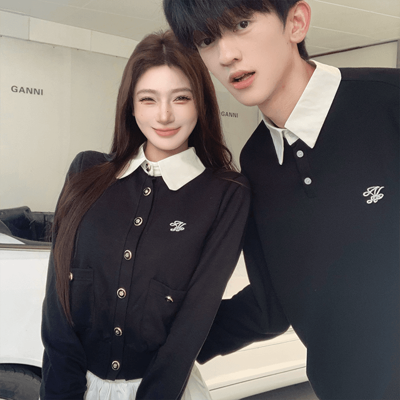 배색 패치워크 페이크 레이어드 카디건 코트 학원 스타일 커플 세트 이미지 2