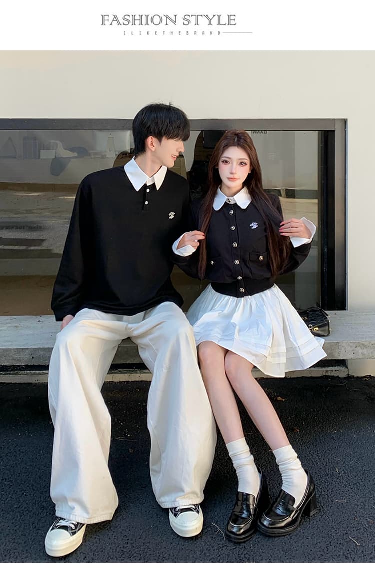 배색 패치워크 페이크 레이어드 카디건 코트 학원 스타일 커플 세트 상세 이미지 10