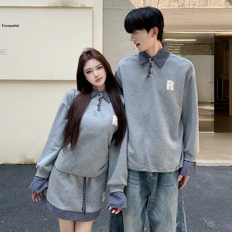 가을 새로운 패치워크 알파벳 후드티 커플룩 세트 이미지 4