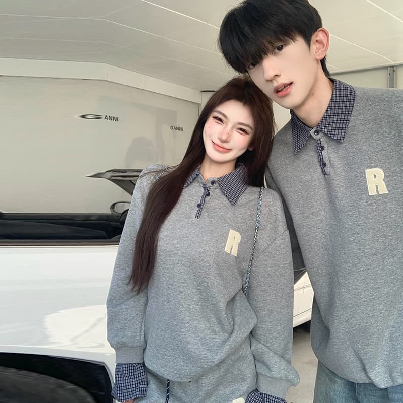 가을 새로운 패치워크 알파벳 후드티 커플룩 세트 이미지 3