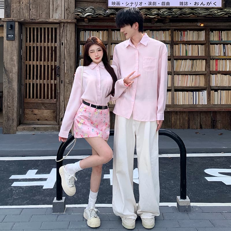 프랑스식 달콤함 핑크색 꽃무늬 A라인 스커트 여성 하이웨이스트 슬림해 보이는 커플 셔츠 이미지 5