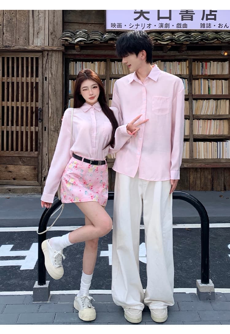 프랑스식 달콤함 핑크색 꽃무늬 A라인 스커트 여성 하이웨이스트 슬림해 보이는 커플 셔츠 상세 이미지 8