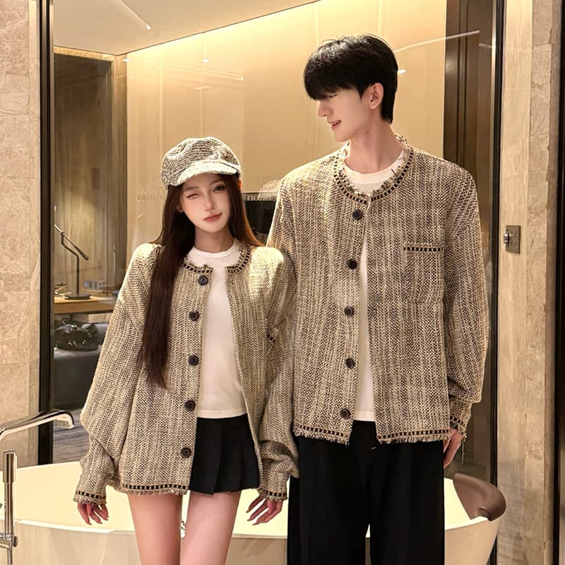 가을 느슨함 센스 혼합 색상 레트로 루즈핏 털 리본 재킷 커플 재킷 이미지 2