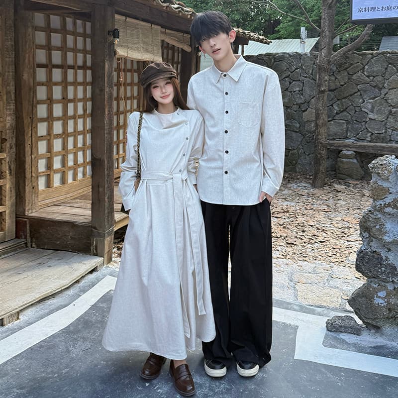 고급 센스 출퇴근 지식인 바람 여성 드레스 비스듬한 문 襟 레이스업 허리 수축 품격 치마 커플 셔츠 치마
