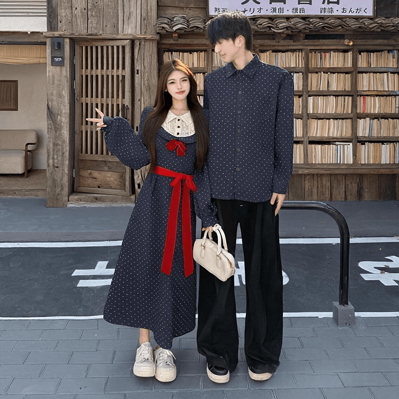 2026 새로운 긍정적 인 어깨 프랑스식 페이크 레이어드 프린트 슬림해 보이는 드레스 남자 셔츠 커플룩 이미지 5