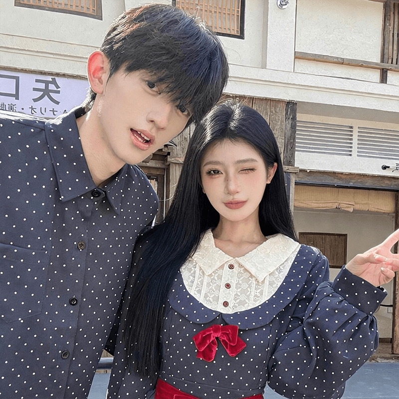 2026 새로운 긍정적 인 어깨 프랑스식 페이크 레이어드 프린트 슬림해 보이는 드레스 남자 셔츠 커플룩 이미지 4