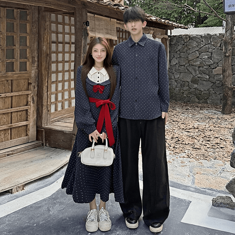 2026 새로운 긍정적 인 어깨 프랑스식 페이크 레이어드 프린트 슬림해 보이는 드레스 남자 셔츠 커플룩 이미지 3